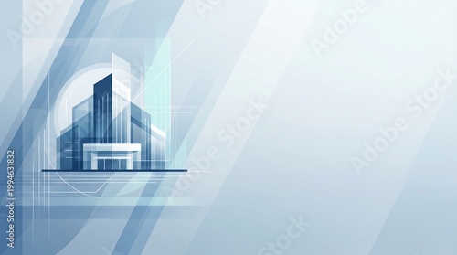 Framing a modern skyscraper skyline inside a circular emblem on a corporate blue template
