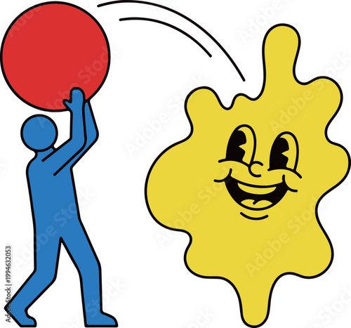 Blue Figure Tossing Red Ball to Smiling Yellow Blob
