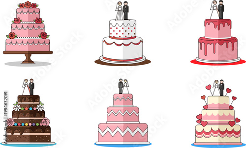 Wedding Cake Collection Set with Decorative Tiered Cakes Bride and Groom Toppers Romantic Celebration Dessert Vector Illustration for Party Design