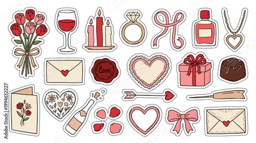 Valentine's Day themed icons set including romantic symbols and gifts love and affection decorative elements for greeting cards and celebrations handdrawn naive