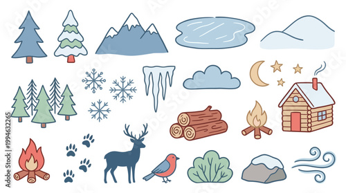 Winter forest icons set including trees mountains snowflakes deer bird campfire house and more for seasonal and nature concepts. handdrawn naive