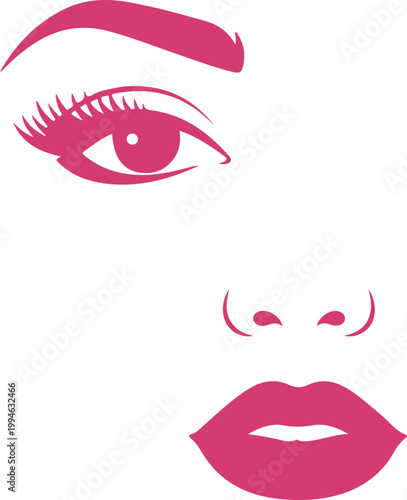 Isolated stylized graphic illustration of a pink eye and lips design on transparent background