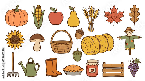 Autumn harvest icons set including scarecrow fruits vegetables gardening tools and seasonal symbols for Thanksgiving or fall festivities preparation. handdrawn naive