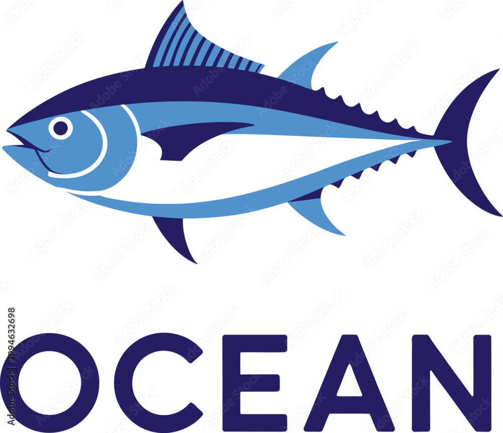 Obraz premium Blue tuna fish with the word ocean in dark blue text