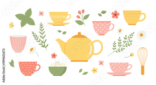Tea Cups and Teapot Illustration.