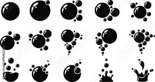 Bubbles set showing various circle shapes and liquid splash elements in a simple black vector style