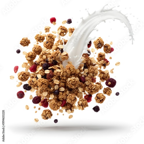 Granola, Berries, and Milk Explosion Isolated on White Background