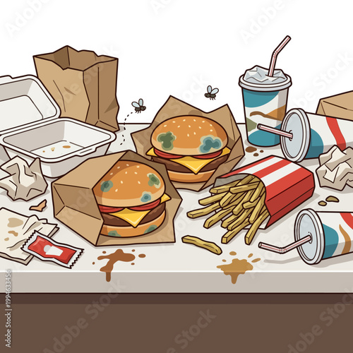 Burgers and Fries Rotting Flies Hovering Food Waste Concept