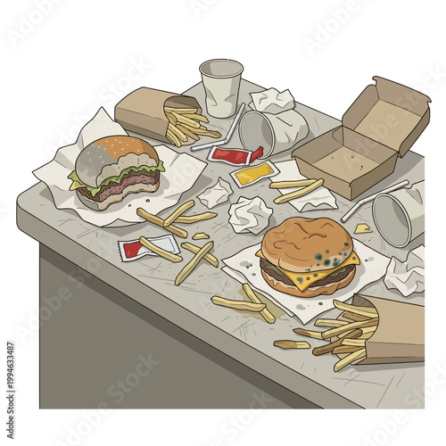 Burgers and Fries Unhealthy Expired Food on Table