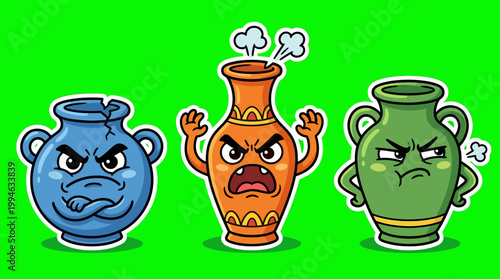Three Angry Cartoon Vases with Expressive Facial Features.