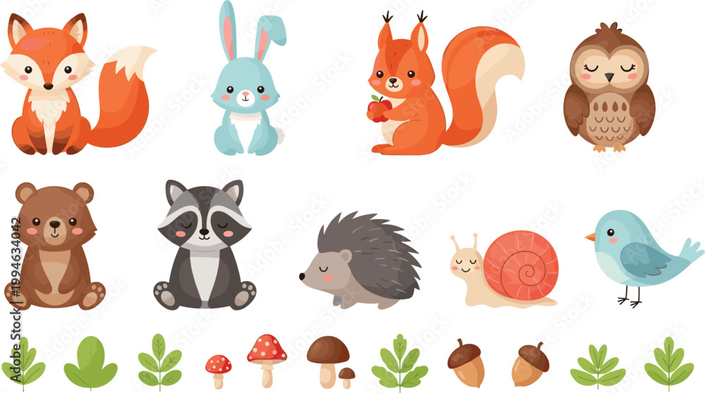 Naklejka premium Cute Woodland Animals Collection with Fox, Bunny, Squirrel, Owl, Bear, Raccoon, Hedgehog, and Forest Elements for Kids Design and Vector Illustration Set.