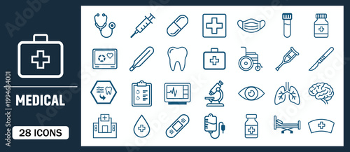 Medical icons set healthcare first aid and pharmaceutical supplies illustration