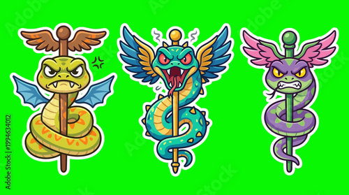 Three Cartoon Caduceus Snake Symbols with Wings and Angry Faces.