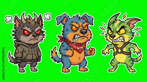 Three Cartoon Dogs Displaying Angry Expressions on a Green Background.