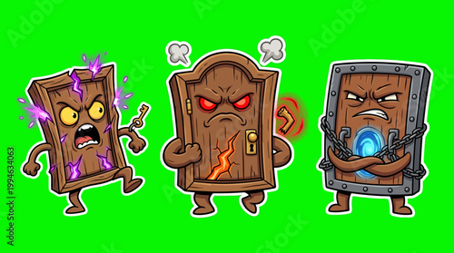 Three Cartoon Doors with Angry Expressions and Unique Features.