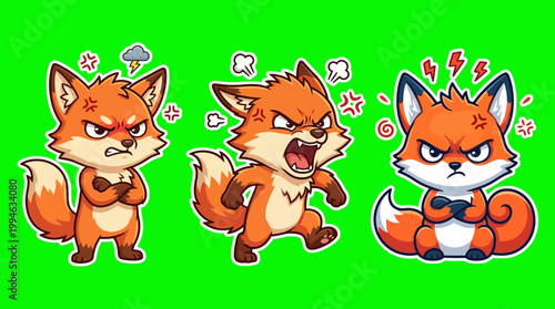 Three Cartoon Foxes Displaying Anger and Frustration on Green Background.