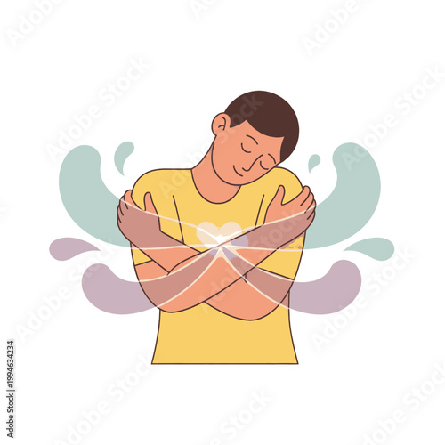 Man hugging himself with eyes closed, symbolizing self-love and inner peace.