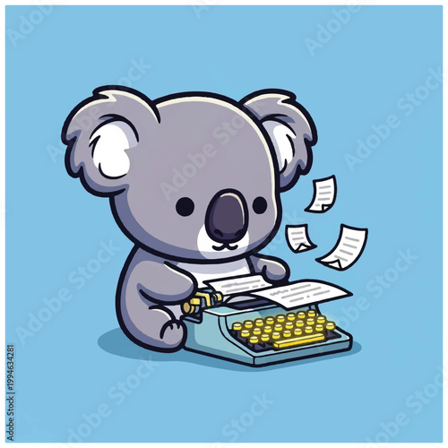 Koala bear sitting with typewriter.