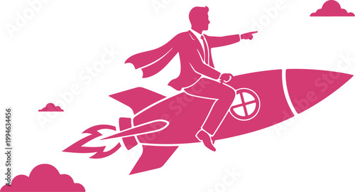 Illustration of a person in business suit riding a rocket ship towards success and innovation
