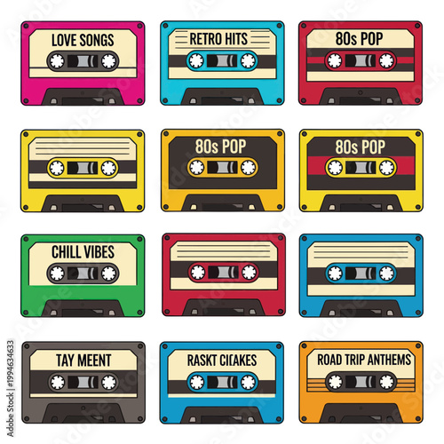 Colorful Retro Cassette Tapes Collection, 80s Pop Music Nostalgia