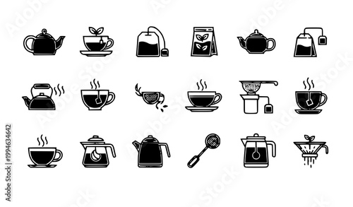 Minimal tea icon set brown teapot leaves beverage vector isolated on white background