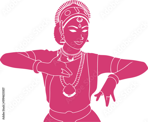 Elegant classical Indian dancer performing traditional Bharatanatyam pose with graceful arm movements