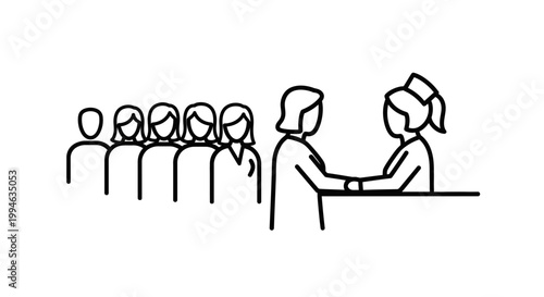 Job Interview: Candidate Shakes Hands With Recruiter In Front Of Waiting Applicants