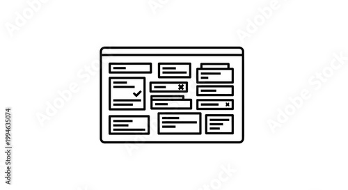 Kanban Board Wireframe with Tasks, Checkmarks, and Crosses - Business Workflow Concept