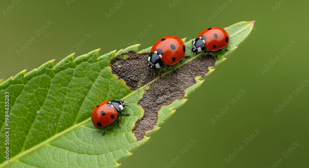 Fototapeta premium Ladybugs on Green Leaf with Dark Fungal Disease Spot, Macro Garden Pest and Plant Problem