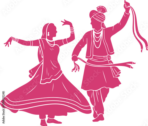 Traditional Indian couple performing classical dance with graceful movements and vibrant attire isolated illustration