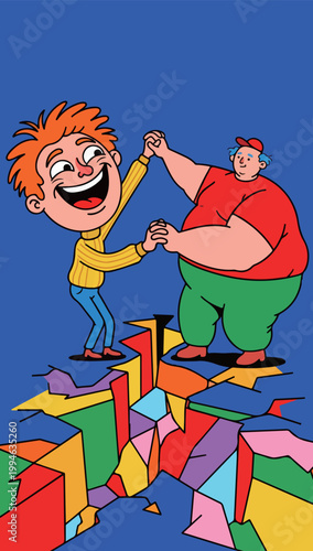 Cartoon Men Holding Hands Over Colorful Crack