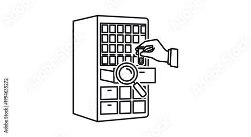Laboratory research, scientific experiment, sample analysis with magnifying glass and cabinet