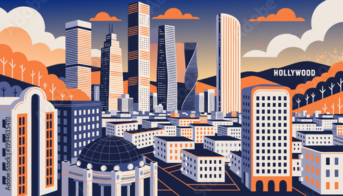 Los Angeles City Skyline Vector Illustration at Sunset