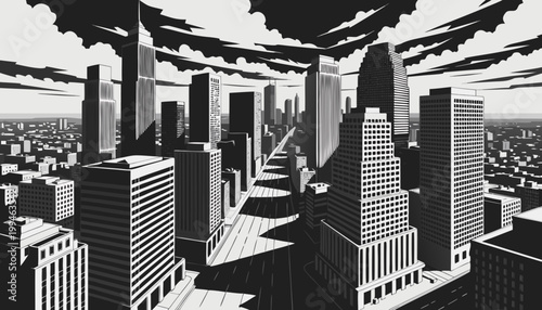 Modern Cityscape Vector Art with Dramatic Skyscrapers and Clouds