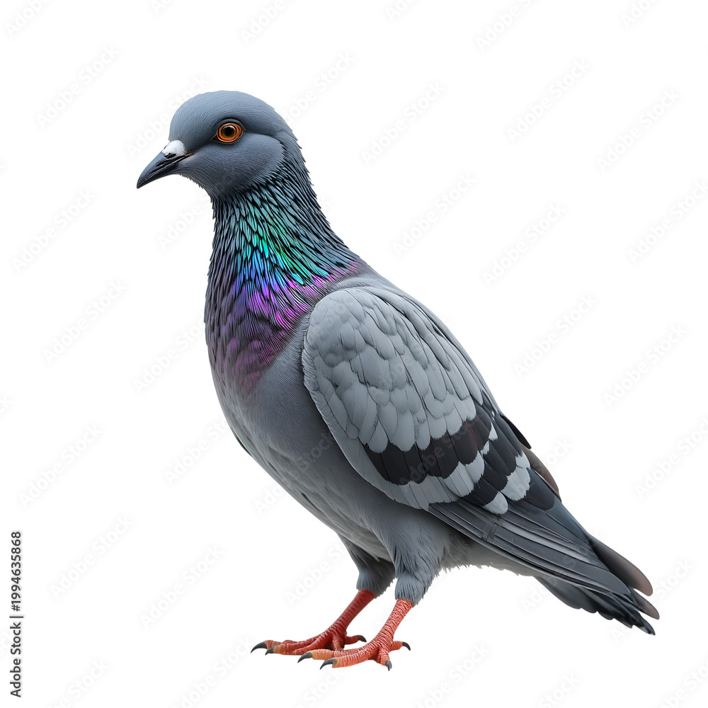 Fototapeta premium A realistic studio portrait of a grey pigeon with iridescent neck feathers against a stark white background