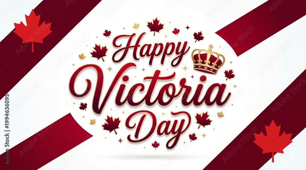 Fototapeta premium Happy Victoria Day Celebration Card with Canadian Maple Leaves and Royal Crown on Abstract Background