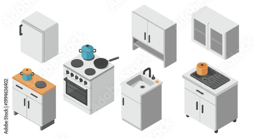 Comprehensive set of isometric kitchen furniture and appliances displays a white refrigerator, electric stove, sink unit, and wall cabinets in grey now.