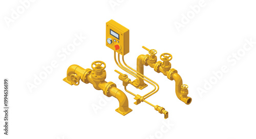 Professional isometric industrial pipeline system features bright yellow pipes and manual valves connected to a central electronic control panel with a screen.