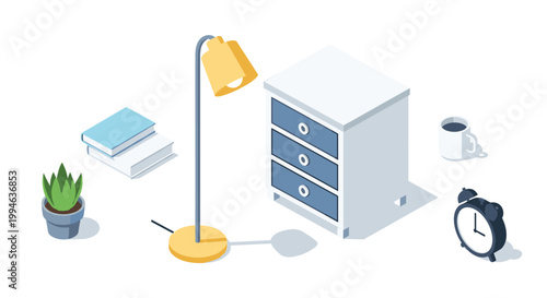 Meticulous isometric bedroom scene displays a white three-drawer nightstand beside a tall yellow lamp with books and a classic alarm clock nearby.