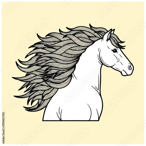 Majestic White Horse Head with Flowing Mane Illustration.