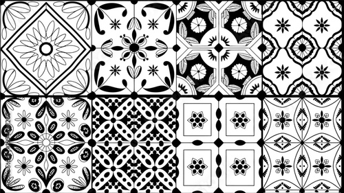 Eight black and white decorative tile patterns with floral and geometric motifs