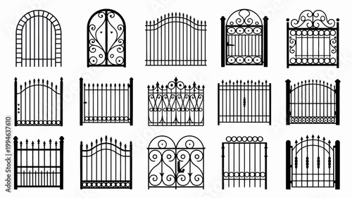 A collection of ornate black wrought iron gates and fence sections are displayed on a plain white background showcasing diverse designs high quality professional detailed modern