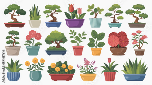A vibrant collection of potted plants and bonsai trees are arranged in a colorful decorative composition on a white background high quality professional detailed modern elegant