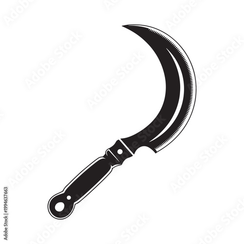 A stylized black and white illustration of a traditional farming sickle