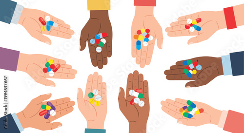 Diverse Hands Holding Colorful Pills and Capsules