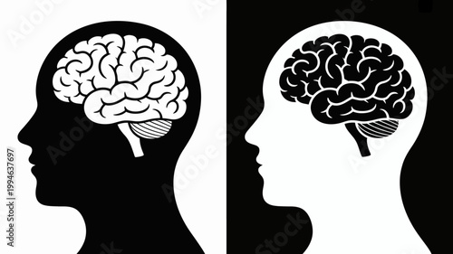 A split illustration depicts two human profiles in contrasting colors each containing a detailed brain within the head silhouette high quality professional modern elegant stylish clean