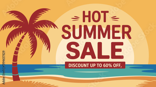A vibrant advertisement showcases a tropical beach scene with a palm tree promoting a hot summer sale and discount offers high quality professional detailed modern elegant