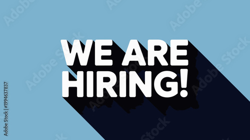 A bold white text graphic displays we are hiring against a simple light blue background creating a visually striking announcement high quality professional detailed modern elegant