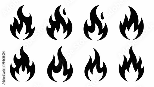 A collection of eight black flame silhouettes are displayed against a stark white background forming a repeating pattern of fiery shapes high quality professional detailed modern