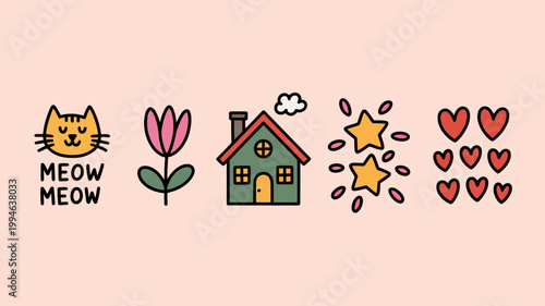 A whimsical illustration features a cat flower house stars and hearts arranged linearly against a pale pink background high quality professional detailed modern elegant stylish clean